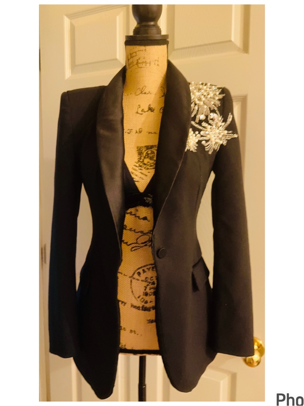 Zara Tuxedo Blazer with Crystal Shoulder Appliqué S RARE!